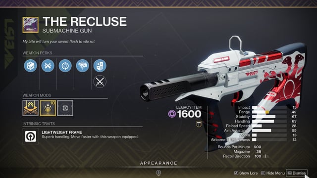 the recluse smg in Destiny 2 menus