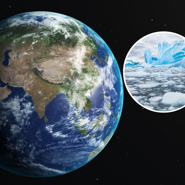Stock image of the Earth (main) and melting ice (inset). Melting polar ice may be influencing the Earth's orbit enough to alter our global timekeeping.