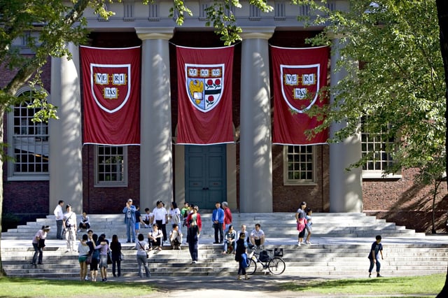 Harvard banners outside Memorial Church on the Harvard University campus in Cambridge, Mass., on Sept. 4, 2009. 