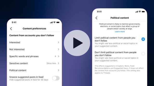 Instagram's settings for political content, seen on two phones