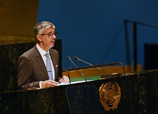 Permanent Representative of the Kingdom of Saudi Arabia to the United Nations, Abdulaziz bin Mohammed Al-Wasil, speaks during the 10th Emergency Special Session (resumed) 39th plenary meeting on the Israeli-Palestinian conflict at the United Nations headquarters in New York City on October 27, 2023. Thousands of civilians, both Palestinians and Israelis, have died since October 7, 2023, after Palestinian Hamas militants based in the Gaza Strip entered southern Israel in an unprecedented attack triggering a war declared by Israel on Hamas with retaliatory bombings on Gaza. (Photo by Andrea RENAULT / AFP) (Photo by ANDREA RENAULT/AFP via Getty Images)