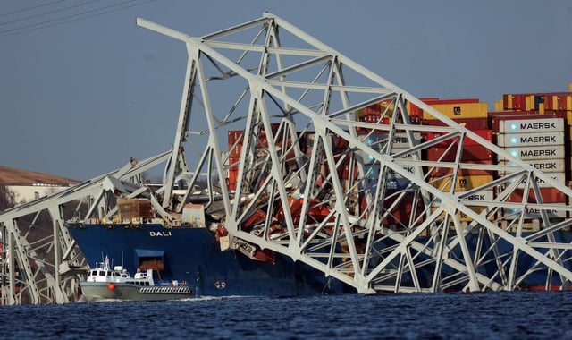 Wreckage from the Francis Scott Key Bridge rests on the Dali cargo ship in Baltimore, Maryland, on Friday. Photo: AFP