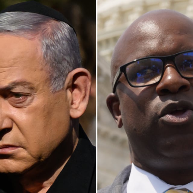 Israeli Prime Minister Benjamin Netanyahu, left, on December 8, 2023 in Herzliya, Israel. : U.S. Representative Jamaal Bowman, right, on April 27, 2023 in Washington, DC. Bowman on Saturday slammed Netanyahu during an appearance on MSNBC.