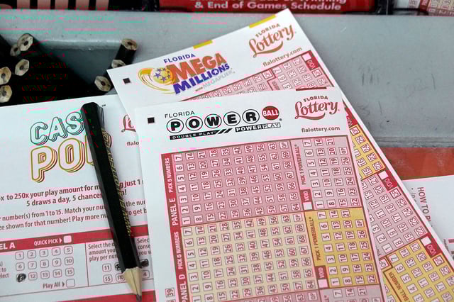 Forms to pick numbers for Powerball are on display in a store on October 4, 2023 in Miami, Florida.