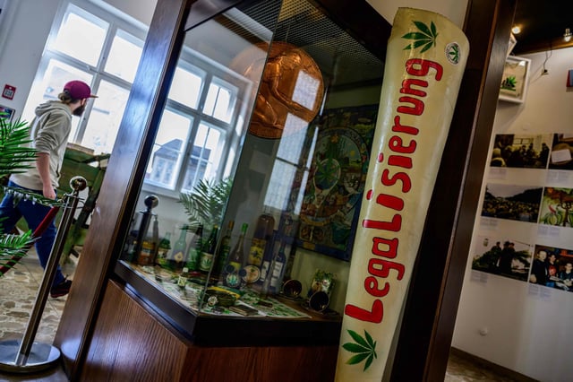 A mock-up of a giant joint inscribed with the word Legalisation in Berlin’s Hemp Museum. Photo: AFP
