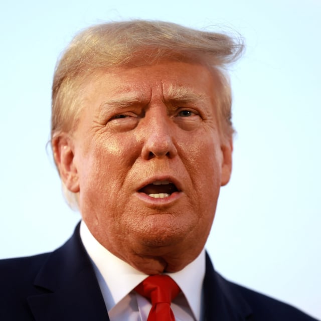 Former President Donald Trump speaks to reporters at Atlanta Hartsfield-Jackson International Airport on August 24, 2023. Republicans are raising concerns about Trump’s fundraising ahead of the November election.