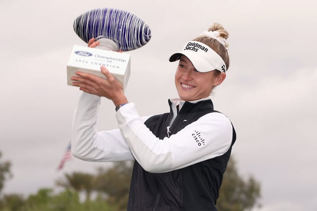 PHOENIX, ARIZONA - MARCH 31: Nelly Korda of the United States poses with the trophy after the final round of the Ford Championship presented by KCC at Seville Golf and Country Club on March 31, 2024 in Phoenix, Arizona. (Photo by Christian Petersen/Getty Images)