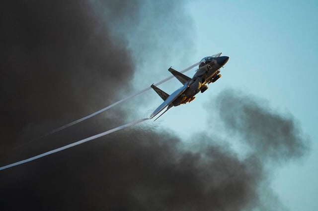 An Israeli air force F-15 war plane flies near the southern Israeli city of Beersheba, Israel, in June 2023.