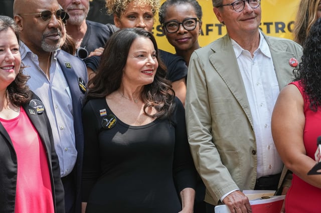 Fran Drescher attends SAG-AFTRA and the WGA rally at City Hall on August 1.