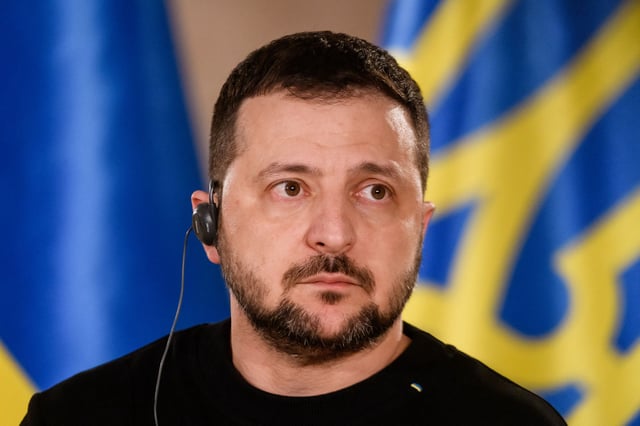 Ukraine's President Volodymyr Zelensky looks on during a questions and answers session with International media representatives in the Latvian National History Museum on January 11, 2024 in Riga, Latvia.