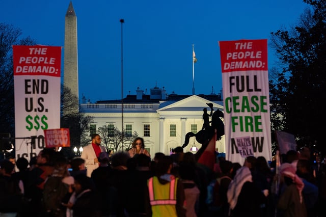Demonstrators gather during a Pro-Palestinian protest near the White House on March 7, 2024 in Washington, DC.