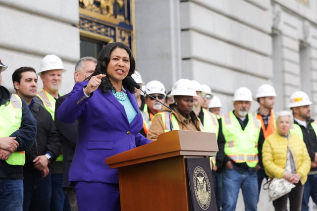 Mayor London Breed speaks during a rally in support of the Density Decontrol legislation at City Hall in San Francisco on Monday, March 4, 2024. Mayor London Breed joined elected and City officials and housing advocates for a rally in support of the Density Decontrol legislation, which would allow for more housing on commercial corridors across the City.
