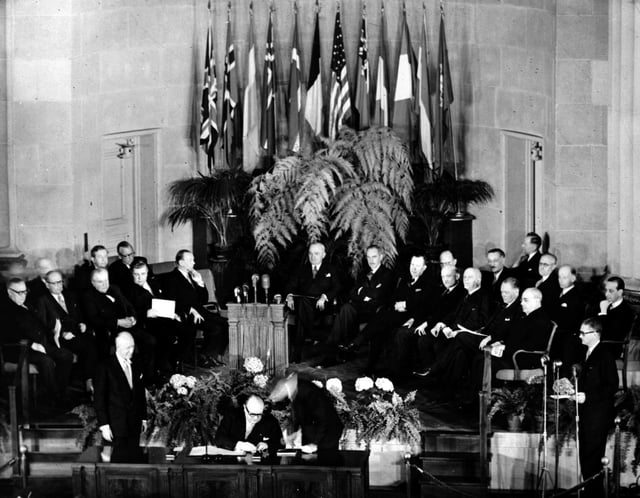 Nato’s founding treaty being signed in Washington on April 4, 1949. File photo: AP