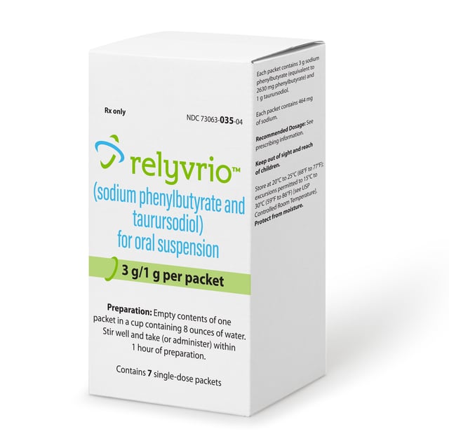 This image provided by Amylyx Pharmaceuticals shows the drug Relyvrio. The maker of a drug for Lou Gehrig’s disease that recently failed in a large study said Thursday, April 4, 2024 it will pull the medicine from the U.S. market, acknowledging it didn't help patients with the deadly neurological condition.