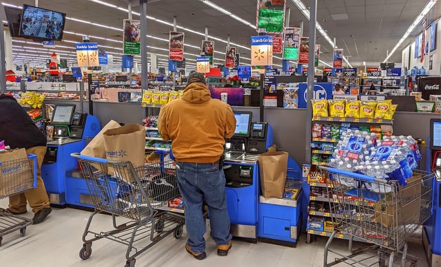 Walmart retail store self service cash register check out scan and go machines, Lynn Massachusetts USA. December 20, 2019