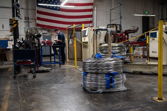 Coils of steel at the Marlin Steel Wire Products factory in Baltimore, Maryland, US, on Thursday, March 14, 2024.