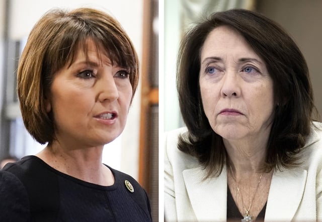 This combination of photos taken on Capitol Hill in Washington shows Rep. Cathy McMorris Rodgers, R-Wash., on March 23, 2023, left, and Sen. Maria Cantwell, D-Wash., on Nov. 3, 2021. The two lawmakers from opposing parties are floating a new plan to protect the privacy of Americans' personal data. The draft legislation was announced Sunday, April 7, 2024, and would make privacy a consumer right and set new rules for companies that collect and transfer personal data. (AP Photo)