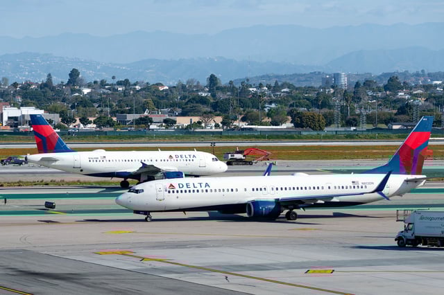 LOS ANGELES, CA - MARCH 16: Delta Airlines Airbus A319-114 and Delta Airlines Boeing 737-932 prepare for takeoff at Los Angeles International Airport on March 16, 2024 in Los Angeles, California.  (Photo by AaronP/Bauer-Griffin/GC Images)
