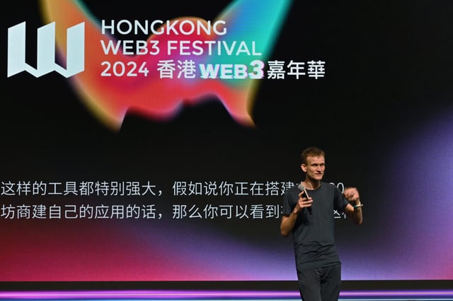 Vitalik Buterin, co-founder of Ethereum, makes a brief last-minute appearance at the Hong Kong Web3 Festival to discuss new technical upgrades to the blockchain on April 9, 2024. Photo: SCMP / Matt Haldane