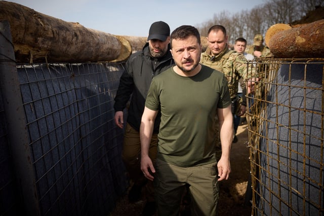 Ukraine's President Volodymyr Zelenskiy inspects new fortifications for Ukrainian servicemen, amid Russia's attack on Ukraine, near Russian border in Kharkiv region, Ukraine, April 9, 2024. Ukrainian Presidential Press Service/Handout via REUTERS ATTENTION EDITORS - THIS IMAGE HAS BEEN SUPPLIED BY A THIRD PARTY.