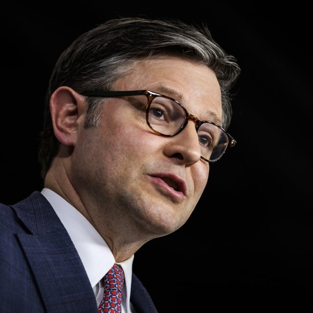 Speaker of the House Mike Johnson holds a press conference on April 10, 2024 in Washington, D.C. Johnson warned that Representative Marjorie Taylor Greene’s motion to vacate threats could cause “chaos” in the House of Representative.