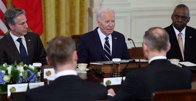 The Biden administration continues to push "diversity, equity, and inclusion" by naming Zakiya Carr Johnson as the State Department's chief diversity and inclusion officer. Pictured: President Joe Biden, flanked by Secretary of State Antony Blinken, left, and Defense Secretary Lloyd Austin, meets March 12 at the White House with Polish President Andrzej Duda and Prime Minister Donald Tusk. (Photo: Kevin Dietsch/Getty Images)