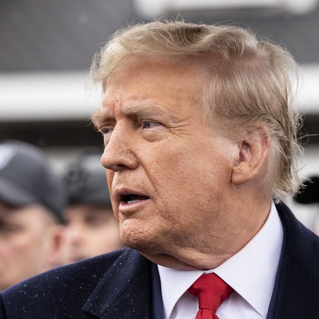 Former President Donald Trump speaks to the press in Massapequa Park, New York, on March 28, 2024. Trump has repeatedly suggested Ukraine make concessions to secure peace with Russia.