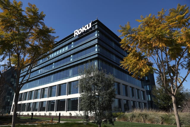 A sign is posted in front of the Roku headquarters on February 18, 2022 in San Jose, California.