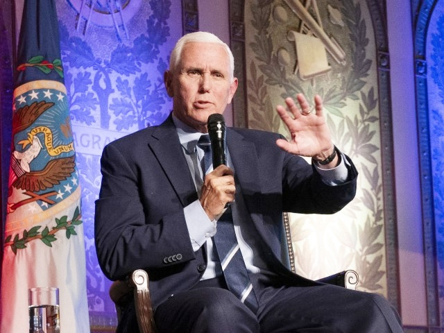 Republican presidential candidate and former Vice President Mike Pence speaks on Tuesday, Oct. 3, 2023, during an Associated Press 2024 GOP Presidential Candidates Conversations on National Security and Foreign Policy event, held in partnership with Georgetown University's Institute of Politics and Public Service, at Georgetown University in Washington. (Jacquelyn Martin/AP)