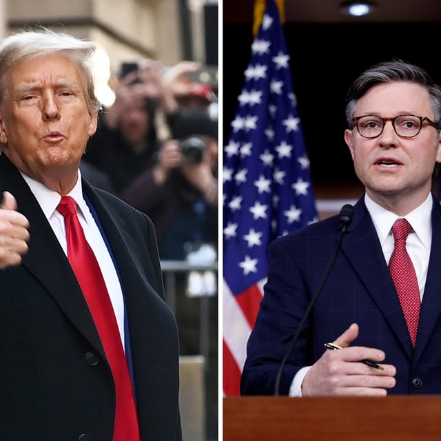 On the left, former President Donald Trump is seen on March 25, 2024, in New York City. On the right, U.S. Speaker of the House Mike Johnson (R-LA) speaks during a news conference with House Republican leadership on February 29, 2024 in Washington, DC. Johnson joined Trump on Friday for a news conference at the former president’s Mar-a-Lago estate.