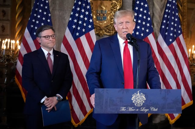 Republican presidential candidate former President Donald Trump speaks as Speaker of the House Mike Johnson, R-La., listens during a news conference, Friday, April 12, 2024, at Mar-a-Lago in Palm Beach, Fla. (AP Photo/Wilfredo Lee)