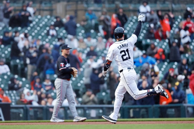 Detroit Tigers designated hitter Mark Canha celebrates after he hits a home run in the first inning against the Minnesota Twins at Comerica Park, April 12, 2024.
