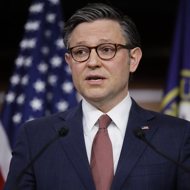 Above, Speaker of the House Mike Johnson speaks during a news conference at the U.S. Capitol Visitors Center on March 20, 2024, in Washington, D.C. A Russian state TV host recently referred to the speaker as "our Johnson" during a discussion of U.S. aid to Ukraine.