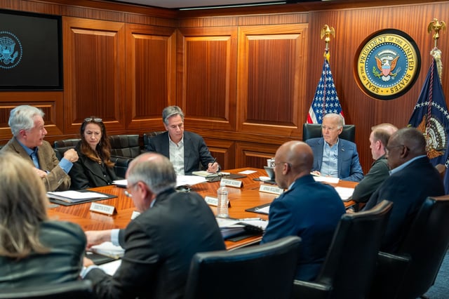 President Joe Biden meets with members of the National Security team regarding the unfolding missile attacks on Israel from Iran, Saturday, April 13, 2024, in the White House Situation Room. Some portions of this handout photo have been blurred by the source.