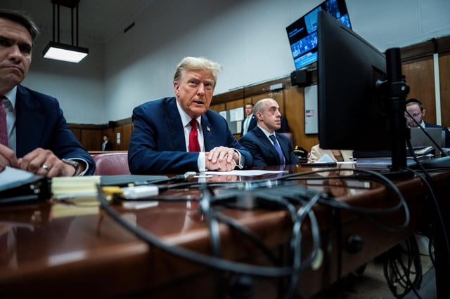 Former US President Donald Trump attends the first day of his trial for allegedly covering up hush money payments linked to extramarital affairs, at Manhattan Criminal Court in New York City on April 15, 2024. Trump is in court Monday as the first US ex-president ever to be criminally prosecuted, a seismic moment for the United States as the presumptive Republican nominee campaigns to re-take the White House. The scandal-plagued 77-year-old is accused of falsifying business records in a scheme to cover up an alleged sexual encounter with adult film actress Stormy Daniels to shield his 2016 election campaign from adverse publicity. (Photo by Jabin Botsford / POOL / AFP) (Photo by JABIN BOTSFORD/POOL/AFP via Getty Images)