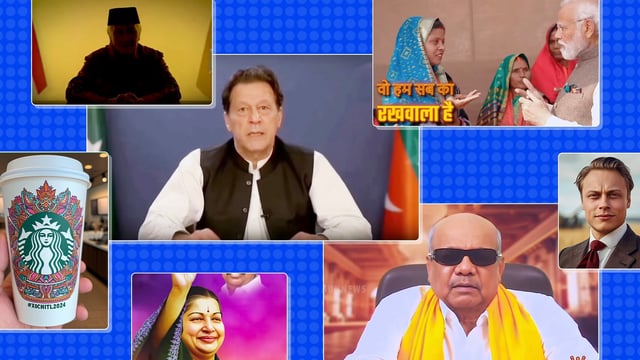 A photo collage showing screenshots taken from AI generated posts related to elections around the world, atop a blue background.