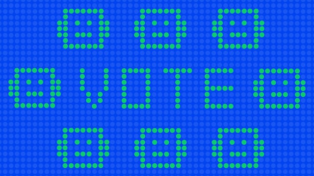 An illustration showing the word "VOTE" in the center, surrounded by small robot figures in green, against a dotted blue background.