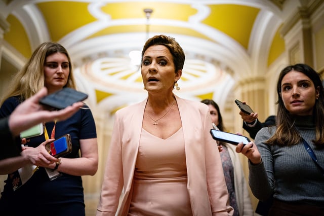 Kari Lake with reporters after leaving Senate Minority Leader Mitch McConnell's office on Capitol Hill on March, 6 2024.
