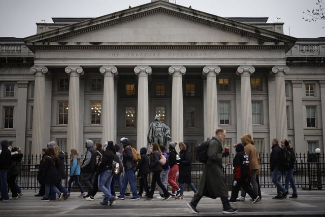 A statue of Alexander Hamilton is seen outside the U.S. Department of Treasury building as they joined other government financial institutions to bail out Silicon Valley Bank's account holders after it collapsed on March 13, 2023 in Washington, DC. U.S.