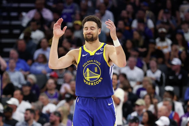 Klay Thompson of the Golden State Warriors reacts after missing a shot against the Sacramento Kings in the second half during the play-in tournament at Golden 1 Center on April 16, 2024, in Sacramento, Calif.