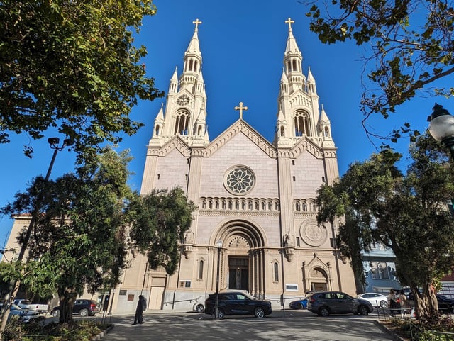 A churchgoer was stabbed Sunday afternoon outside Saints Peter and Paul Catholic Church on Filbert Street in San Francisco's North Beach neighborhood, seen here in October 2023.