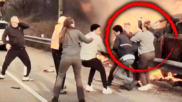 TeslaCam Catches Bystanders Rescuing Driver From Flaming Car On The Highway: Crashes / Wrecks