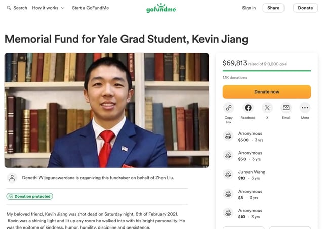 A screenshot shows a fundraiser for a memorial site for Yale graduate student Kevin Jiang. Image: GoFundMe via TNS