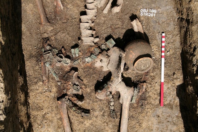 Avar male burial with a belt garniture and a ceramic mug at the RÃ¡kÃ³czifalva site, Hungary (8th century AD)