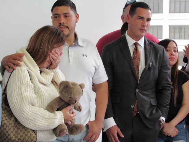 FILE - Arlene Alvarez's parents, Gwen Alvarez and Armando Alvarez are seen during a news conference with their attorney, Rick Ramos, right, Wednesday, Feb. 16, 2022 in Houston, Texas. Tony Earls, who is accused of fatally shooting a 9-year-old girl when he was robbed at a Houston ATM in 2022 has been indicted Tuesday, April 23, 2024, for murder in her death. The indictment against Earls comes nearly two years after another grand jury had declined to indict him in the death of Alvarez. (AP Photo/Juan A. Lozano, File)