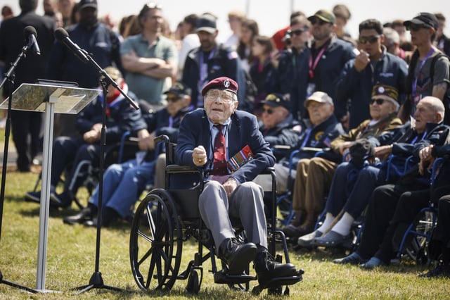 World War II veteran Britain's Bill Gladden attends a ceremony outside the Pegasus Bridge memorial in Benouville, Normandy, Monday June 5, 2023. Gladden, one of the dwindling number of veterans who took part in the landings that kicked off the campaign to liberate Western Europe from the Nazis during World War II, died Wednesday, April 24, 2024, his family said. He was 100. (AP Photo/Thomas Padilla, File)