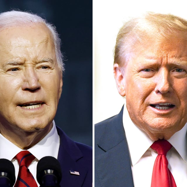 U.S. President Joe Biden, left, delivers remarks at the North American Building Trades Unions (NABTU) 2024 Legislative Conference at the Washington Hilton on April 24, 2024 in Washington, DC. Former U.S. President Donald Trump speaks to the media as he leaves court during his trial for allegedly covering up hush money payments at Manhattan Criminal Court on April 25, 2024 in New York City. A new poll shows Trump flipping Biden voters nationally since the 2020 election.