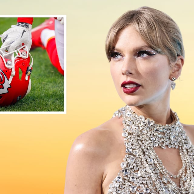Main: Taylor Swift attends the 2022 MTV VMAs on August 28, 2022 in Newark, New Jersey. Inset: L'Jarius Sneed of the Kansas City Chiefs kneels with his helmet on the ground in the end zone at Arrowhead Stadium on January 17, 2021 in Kansas City, Missouri. The singer has been a regular fixture at Chiefs' games since she began dating the team's tight end Travis Kelce last year.