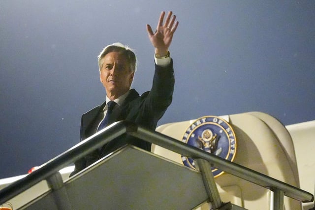 US Secretary of State Antony Blinken boarding his flight as he prepares to depart Beijing on Friday. Photo: AFP