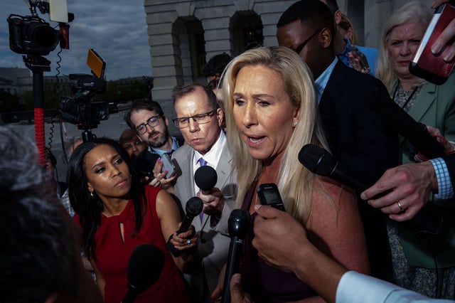 Rep. Marjorie Taylor Greene gaggles with reporters on the steps of the House of Representatives at the US Capitol in Washington, DC, on April 18, 2024. Two days later, Speaker Mike Johnson pushed through aid to Ukraine, Israel and Taiwan over the objections of Greene and others on the right-flank of the party.